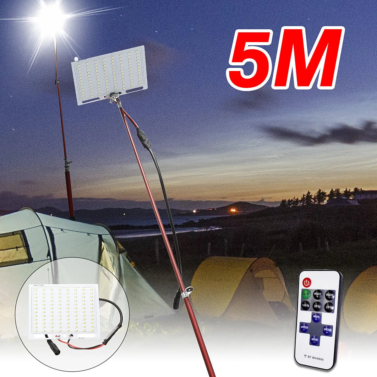 White LED fishing rod light panel mounted on a tall telescopic pole for outdoor use