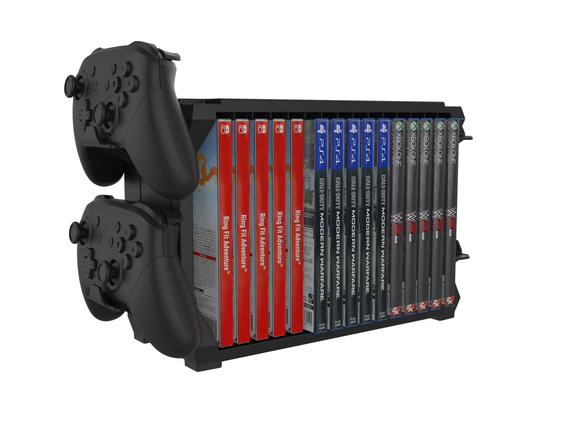 Black PS5 disc holder with slots for game cartridges and four controller storage bays