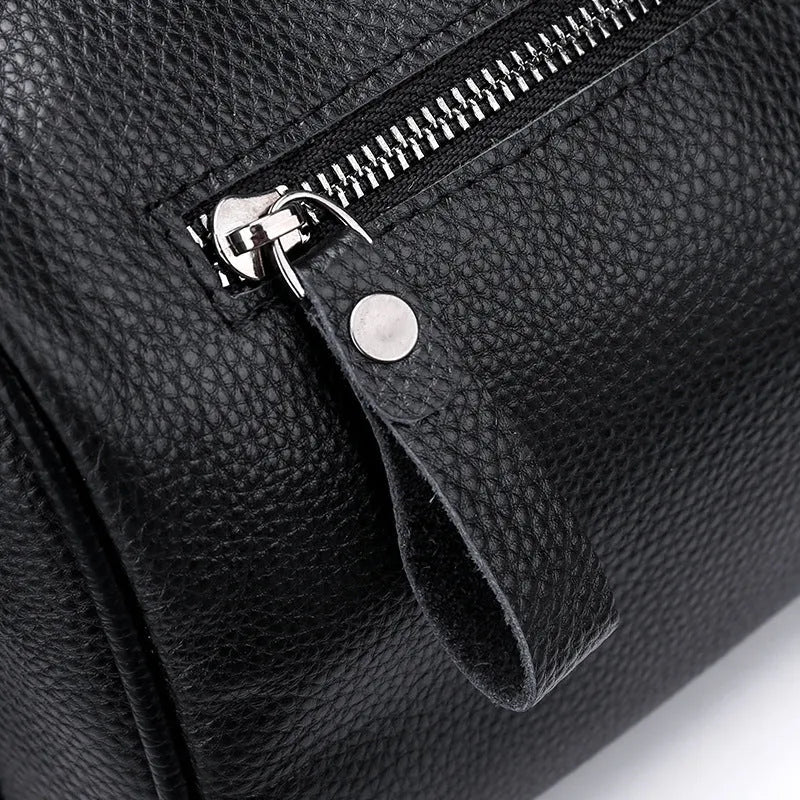 Black genuine leather one-shoulder crossbody bag with large capacity dimensions