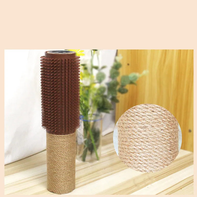A brown sisal fibre scratching post for cats, standing 30cm tall on a wooden base.