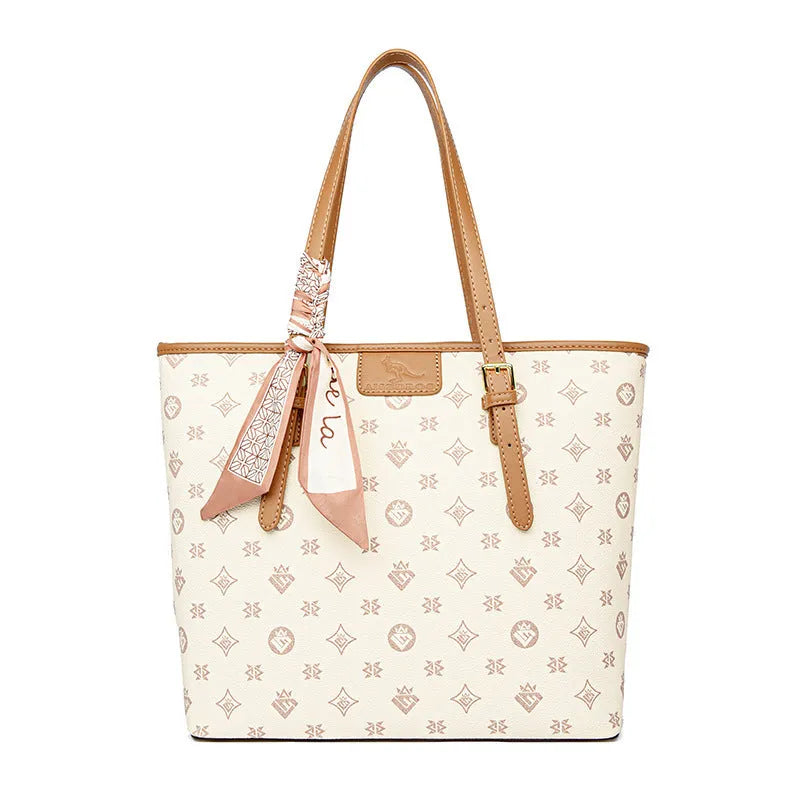 Large capacity women's shoulder bag in PU with horizontal square shape, double shoulder straps, printed pattern, black colour option