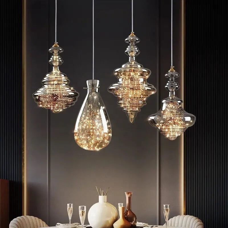 Modern glass ceiling droplight with adjustable height and remote control for LED lighting
