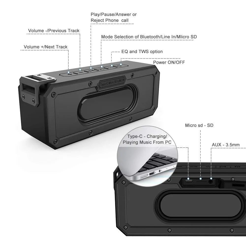 Black X3 PRO portable Bluetooth speaker with carrying rope, showing size relative to a hand.