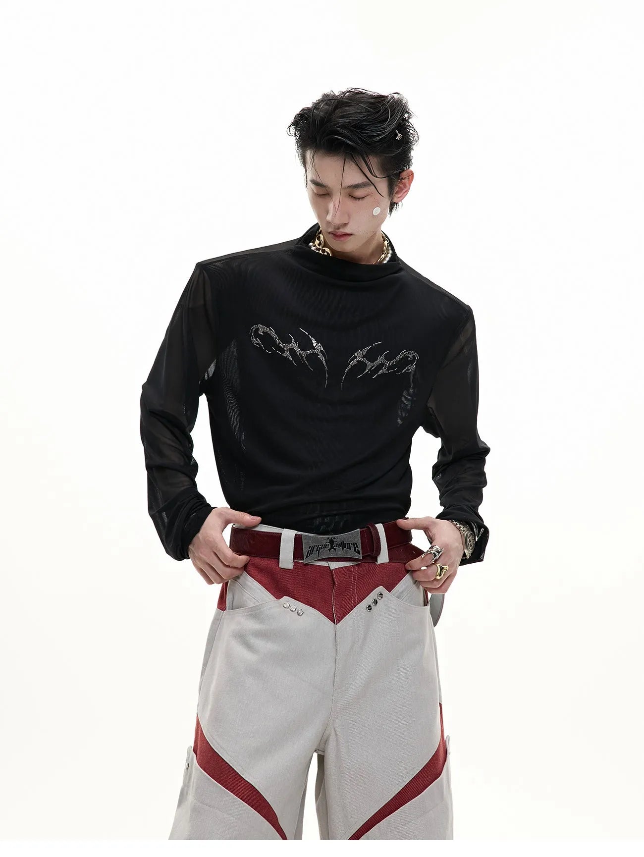 Men's black slim fit long sleeve mesh shirt with ice-feel fabric on hanger