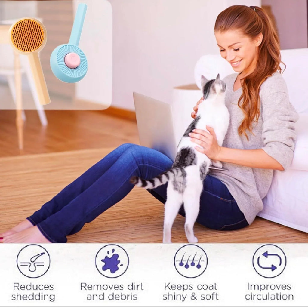 Blue self-cleaning pet grooming brush with angled stainless steel bristles and massage tips