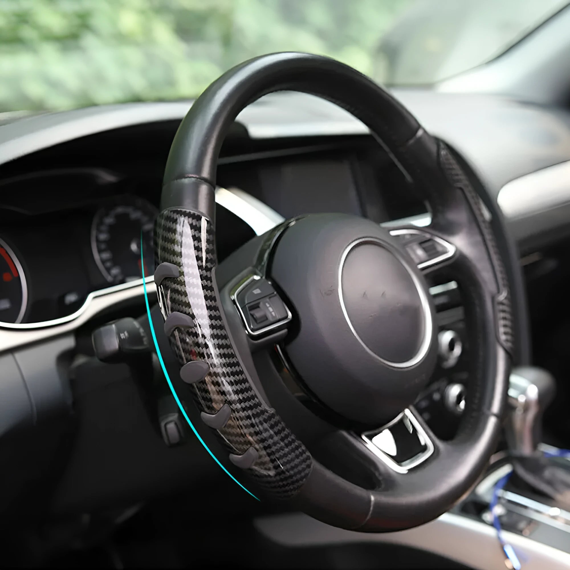 Carbon fibre black steering wheel anti-skid sleeve for universal 38cm fit.