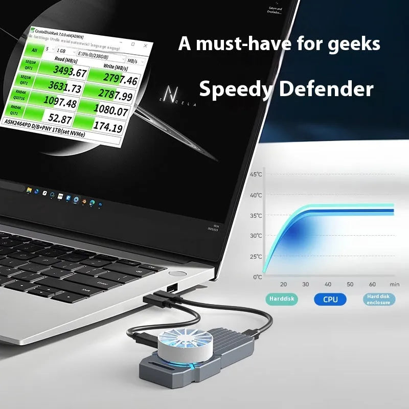 Silver aluminium USB4 external hard drive enclosure for NVMe M.2 SSDs
