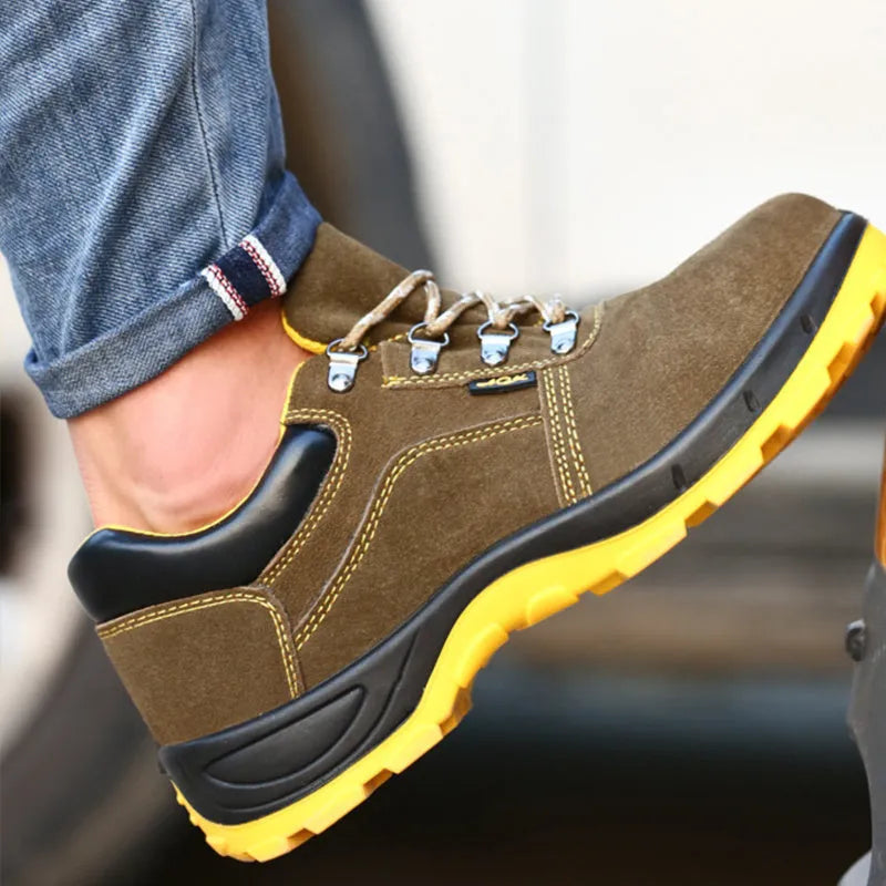 Men's bronze cow suede steel toe safety shoes with anti-slip soles for industrial work