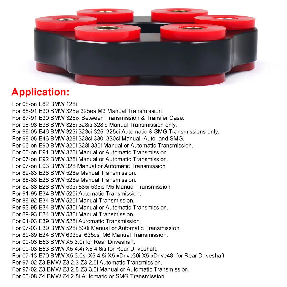 Red polyurethane and aluminium drive shaft connecting plate bracket for BMW E46, E36, E30 models.
