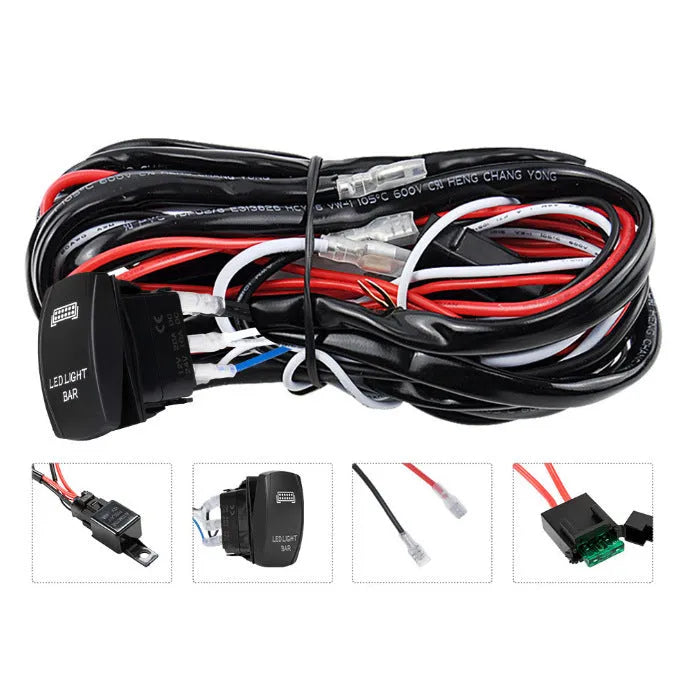 Black off road LED spotlight cable set with 2 metre wiring harness and light bar switch