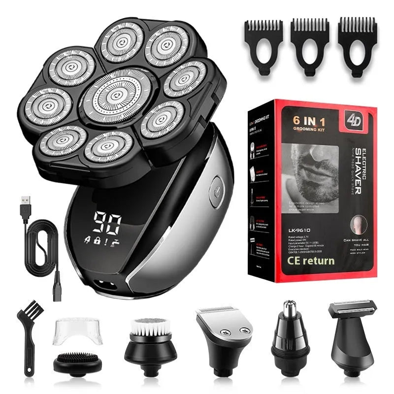 Black rechargeable 6-in-1 hair clippers and shaver kit with multiple grooming attachments