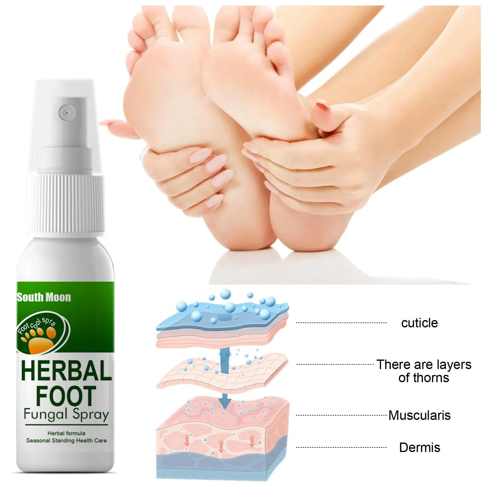 30ml bottle of clear foot hydrating and nourishing care spray on a flat surface.