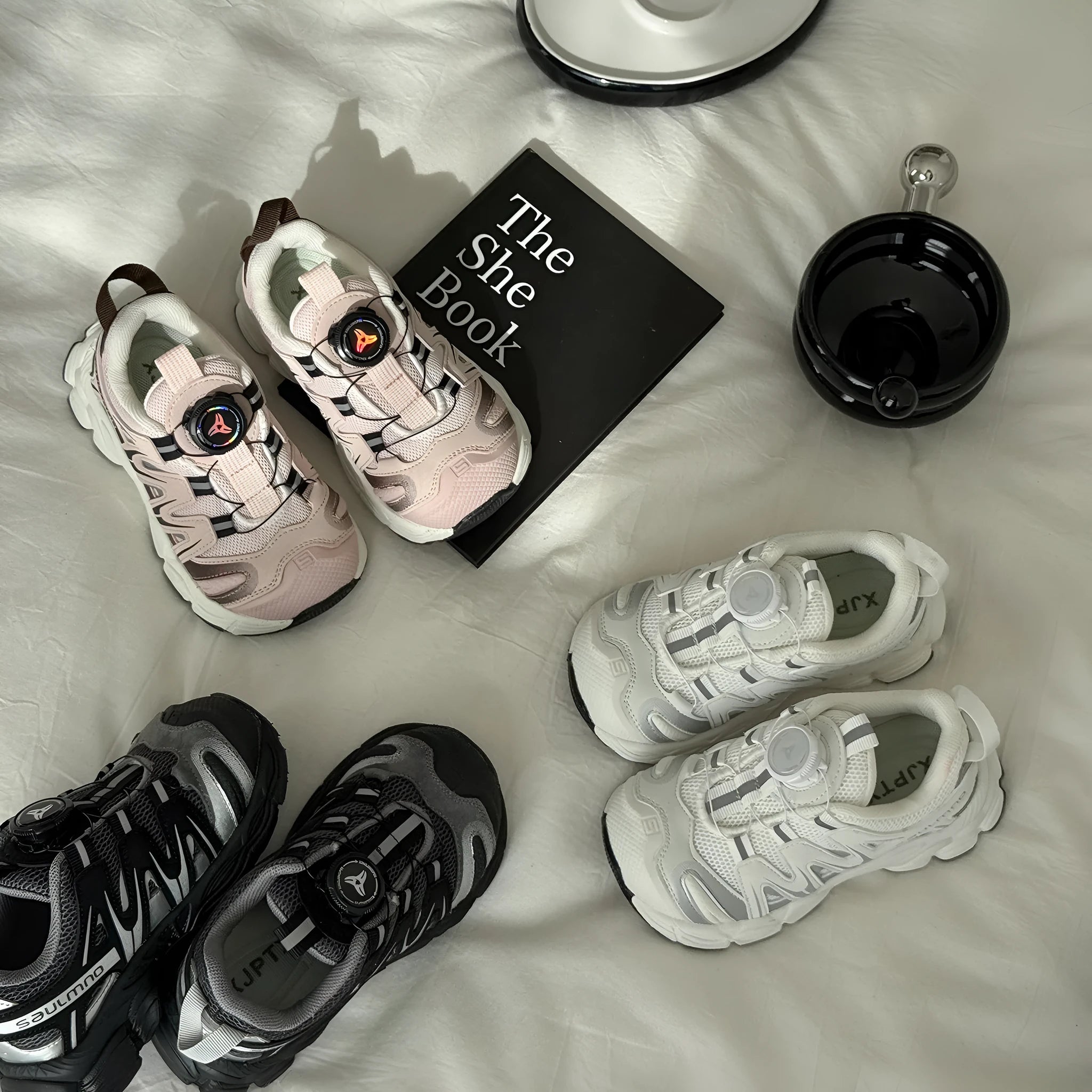 Girls' casual shoes with PU leather mesh uppers in black, beige, and pink colours