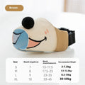 Canvas dog muzzle anti-bite mouth cover in Ollie Brown Bear and Bondi Blue Shark colours, shown in sizes S, M, L, XL.