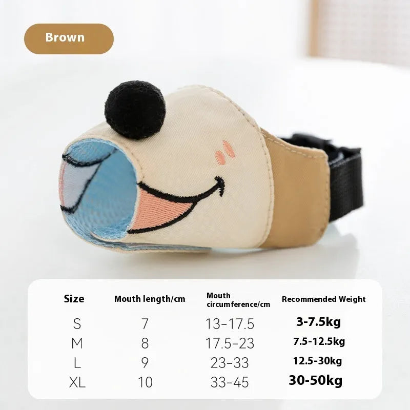 Canvas dog muzzle anti-bite mouth cover in Ollie Brown Bear and Bondi Blue Shark colours, shown in sizes S, M, L, XL.