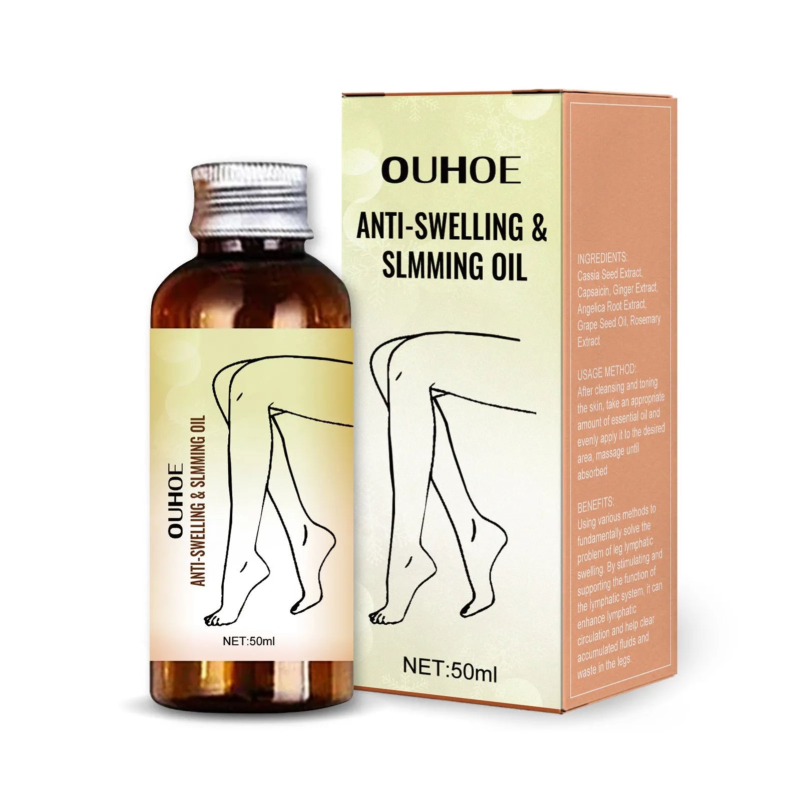50ml bottle of essential oil for body skin care and leg massage with botanical extracts