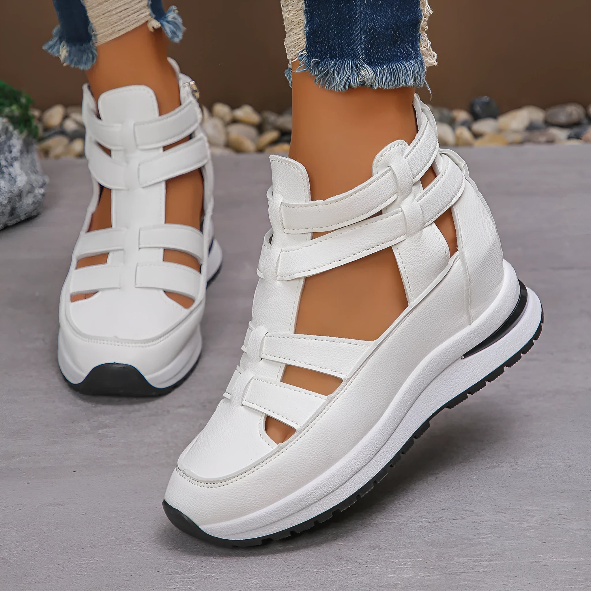 Women's black close-toed hollow-out platform sandals with Velcro fastening