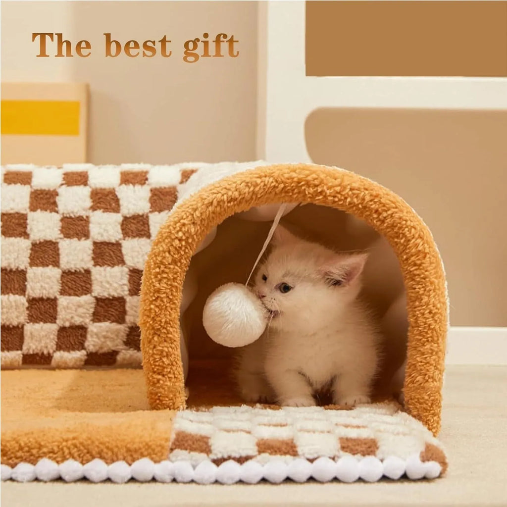 Brown plush plaid cat tunnel bed with central mat showing tunnel opening and non-slip bottom