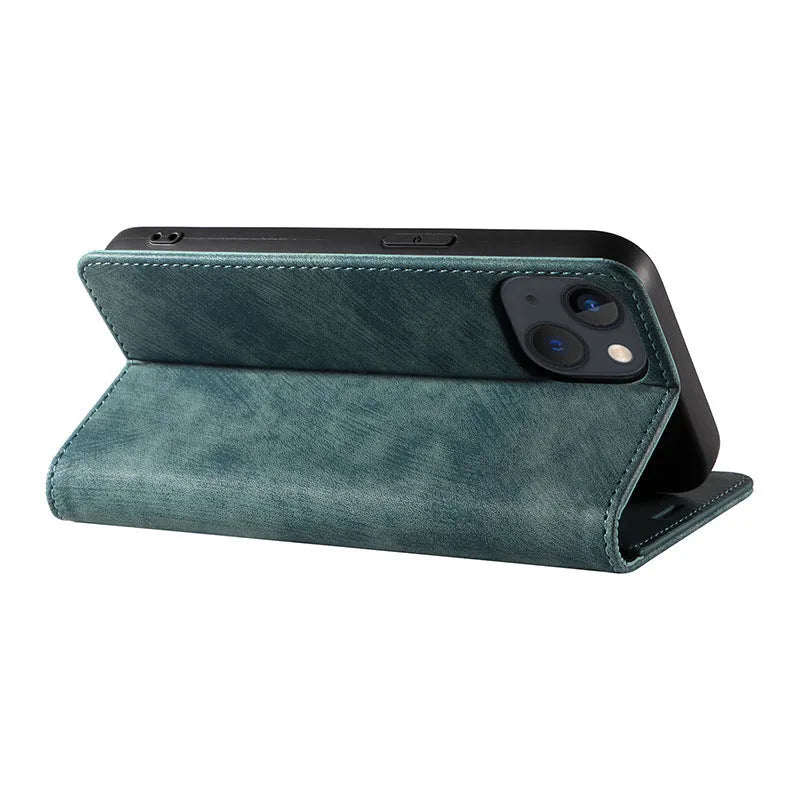 Magnetic leather flip phone case for iPhone in seven colours including grey, lake green, and pink