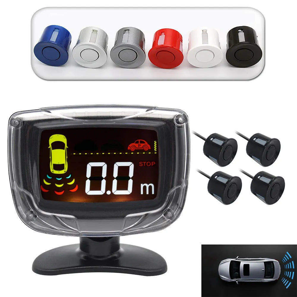 Wireless reversing sensor system with digital display and four ultrasonic probes for vehicle installation