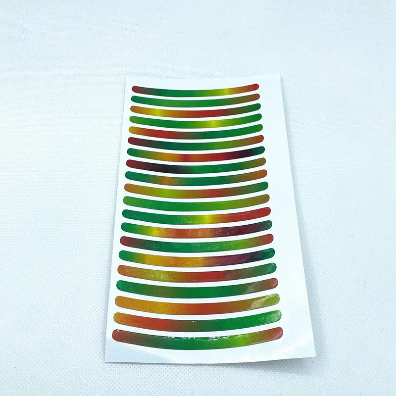 20-piece wheel hub reflective stickers in multiple colours including fluorescent, rainbow, and luminous options