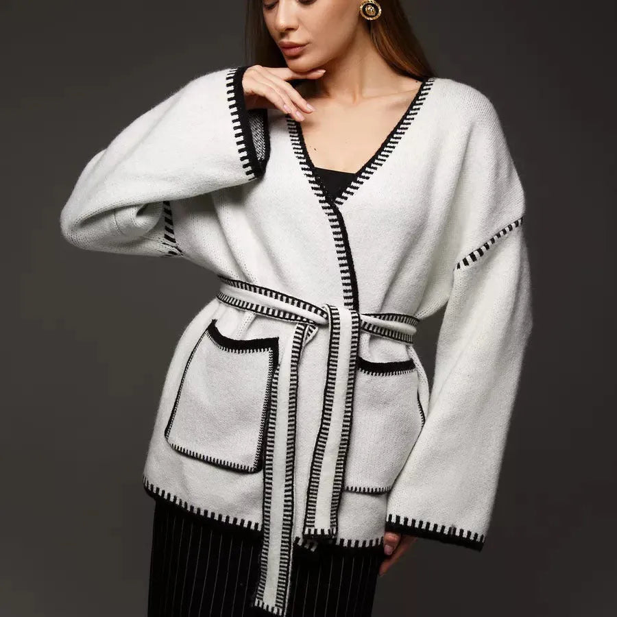 Loose lace-up front knitted cardigan in black, camel, or white colours