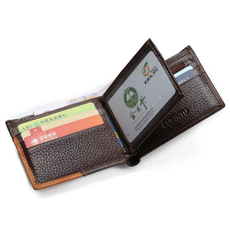 Men's soft leather 3-fold wallet with personality stitching and multiple internal card slots.