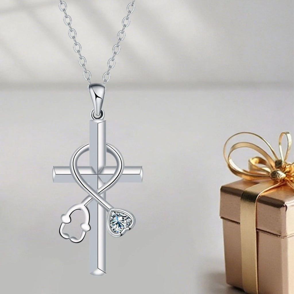 Women's cross stethoscope pendant necklace with electroplated copper construction and cross chain