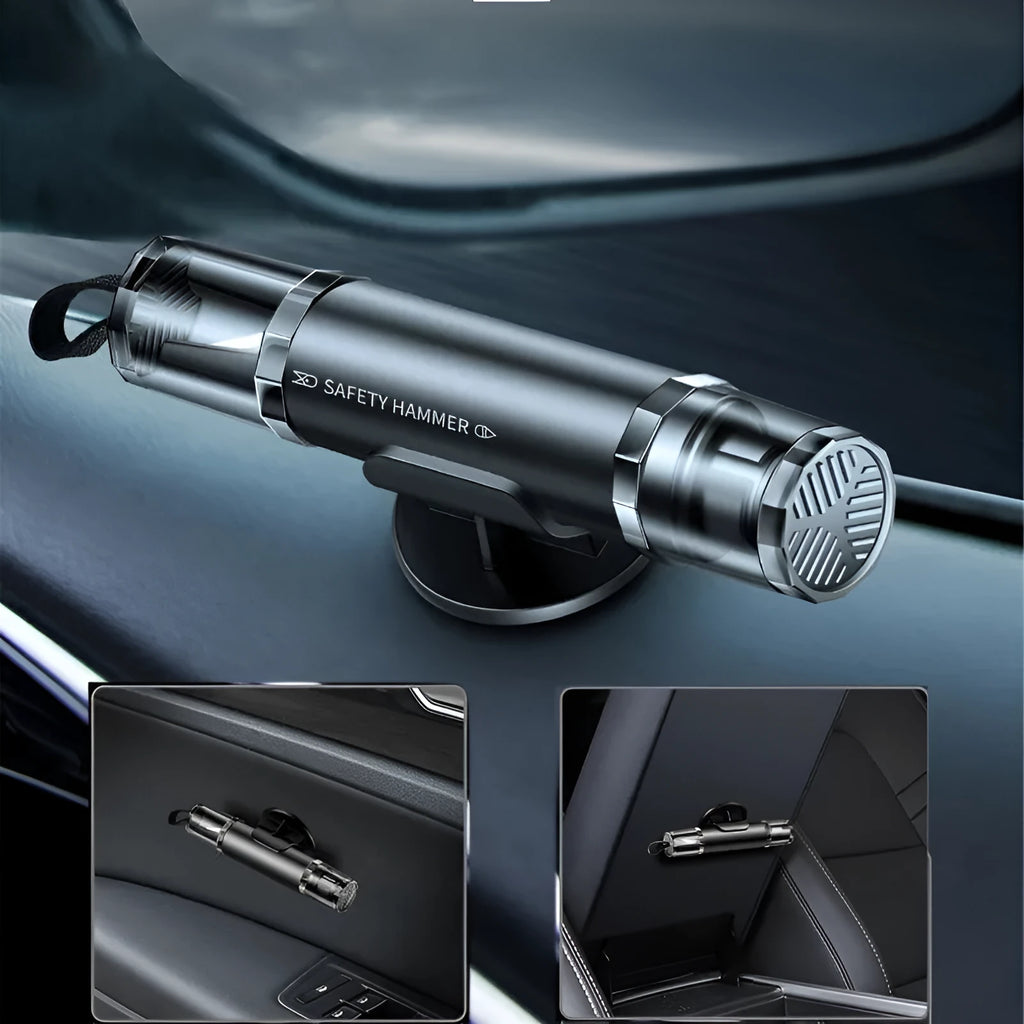 Black and red aluminium alloy car safety hammer with tungsten steel window breaker tip and hidden seat belt cutter.