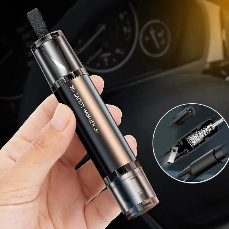 Black and red aluminium alloy car safety hammer with tungsten steel window breaker tip and hidden seat belt cutter.