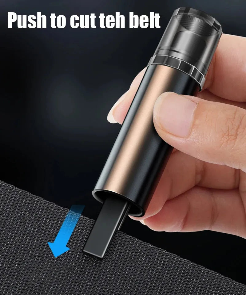 Black and red aluminium alloy car safety hammer with tungsten steel window breaker tip and hidden seat belt cutter.