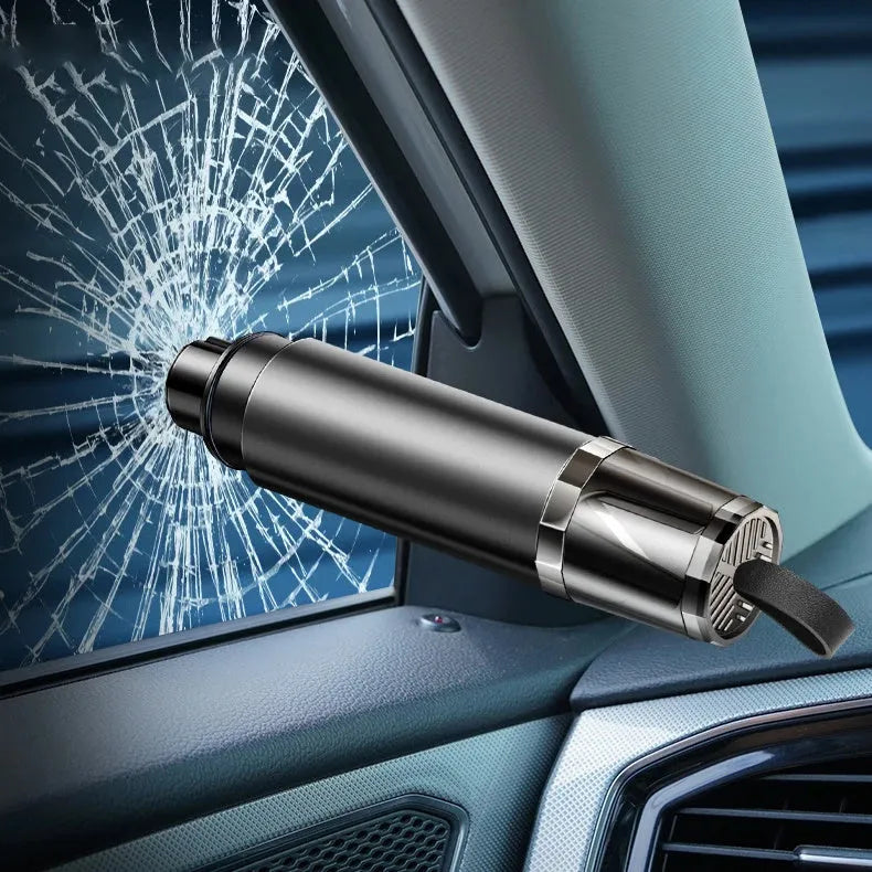 Black and red aluminium alloy car safety hammer with tungsten steel window breaker tip and hidden seat belt cutter.