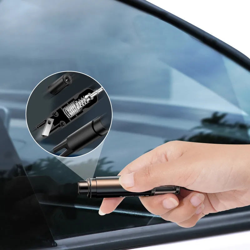 Black and red aluminium alloy car safety hammer with tungsten steel window breaker tip and hidden seat belt cutter.
