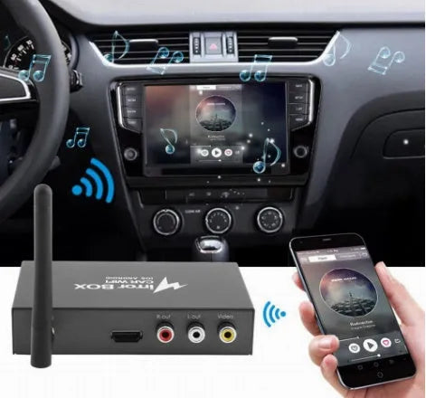 Black Car Mirror Link Box Wi-Fi converter with antenna and cables for smartphone screen mirroring