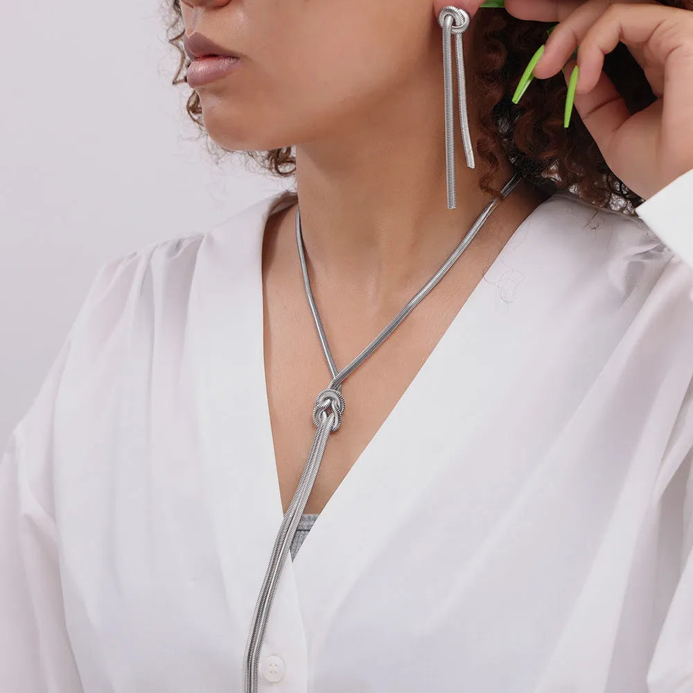 Gold knotted tassel snake chain necklace and matching earrings set