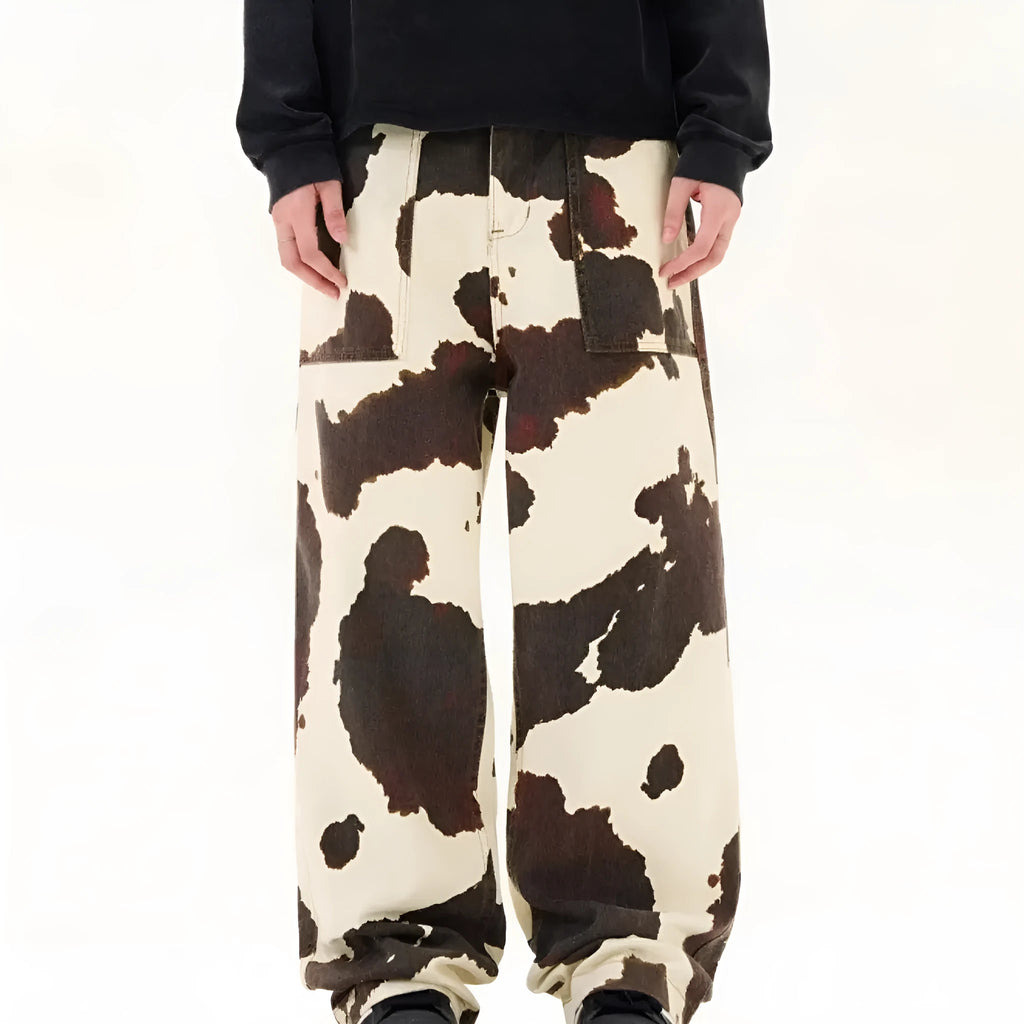 Men's straight-leg trousers with American retro cows pattern in 7698 cow colour, mid waist, and cardigan button fly