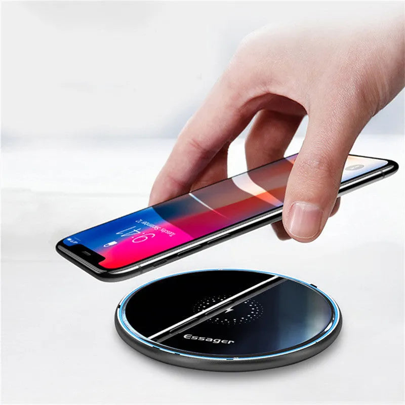 15W Qi wireless charging pad with aluminium surface showing blue LED charging indicator
