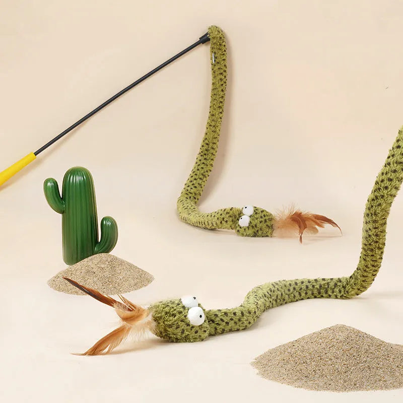 Green snake-shaped cat teasing stick toy with feather attachment on 140cm pole
