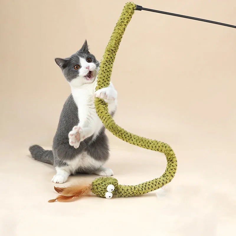 Green snake-shaped cat teasing stick toy with feather attachment on 140cm pole