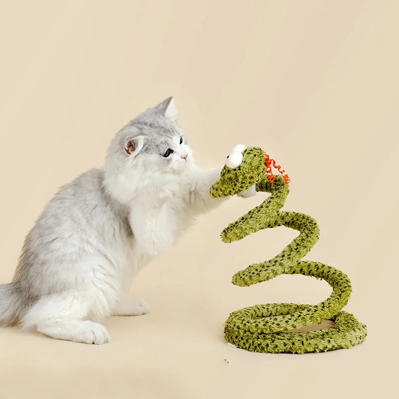 Green snake-shaped cat teasing stick toy with feather attachment on 140cm pole