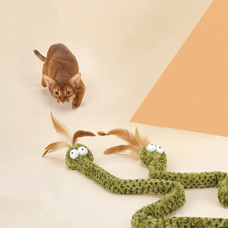 Green snake-shaped cat teasing stick toy with feather attachment on 140cm pole