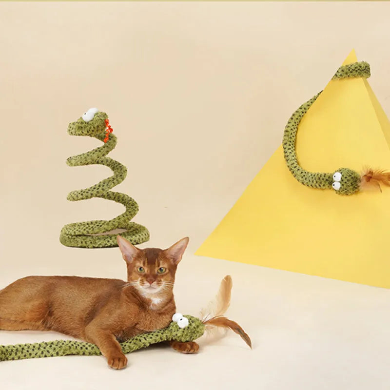 Green snake-shaped cat teasing stick toy with feather attachment on 140cm pole