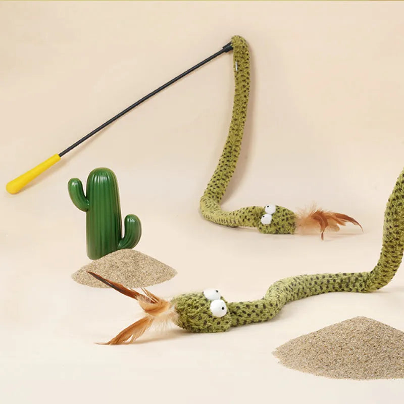 Green snake-shaped cat teasing stick toy with feather attachment on 140cm pole