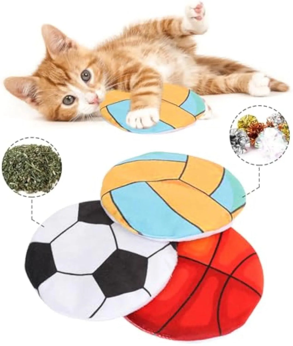 Soft plush cat toy with sports ball pattern, flat disc shape for throwing