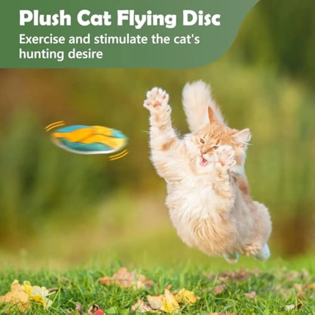 Soft plush cat toy with sports ball pattern, flat disc shape for throwing