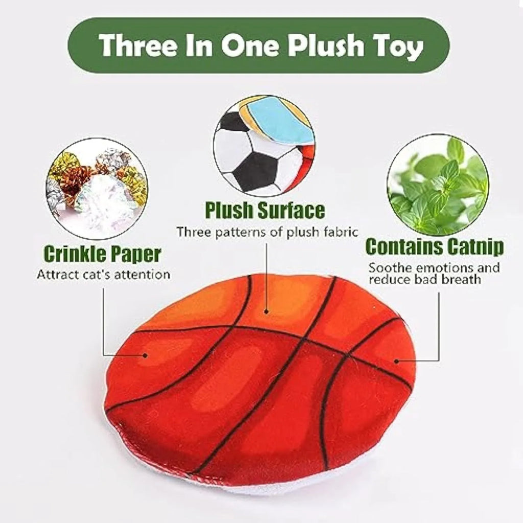 Soft plush cat toy with sports ball pattern, flat disc shape for throwing