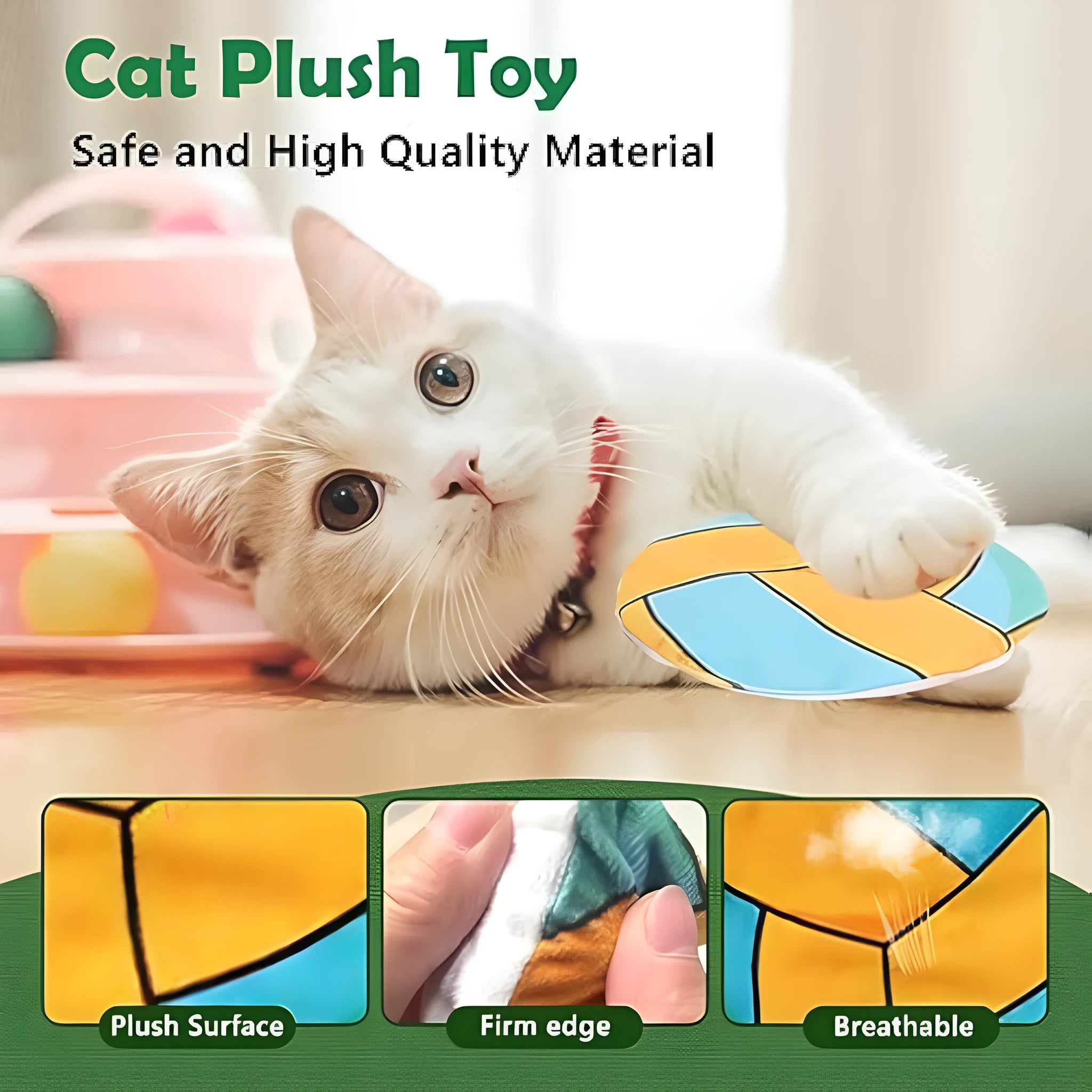Soft plush cat toy with sports ball pattern, flat disc shape for throwing