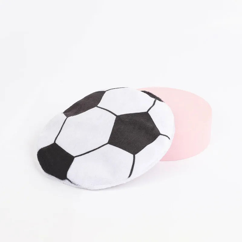 Soft plush cat toy with sports ball pattern, flat disc shape for throwing