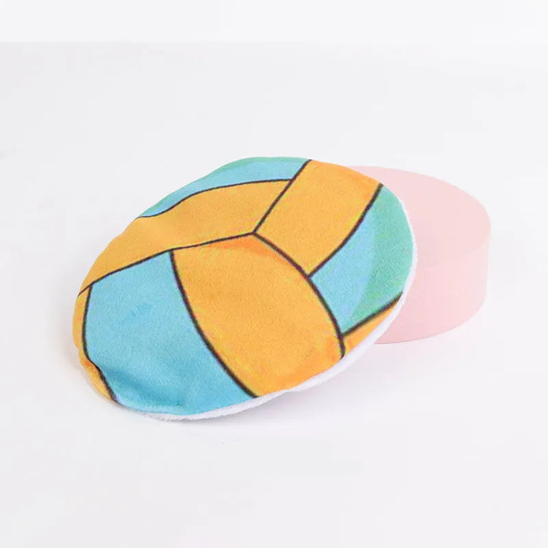 Soft plush cat toy with sports ball pattern, flat disc shape for throwing