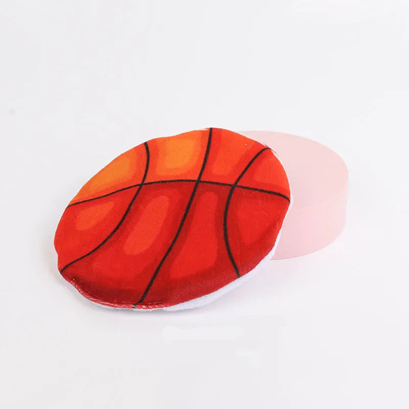 Soft plush cat toy with sports ball pattern, flat disc shape for throwing